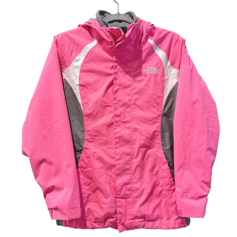 The North Face Ski Jacket Pink White Grey HyVent Hooded Girls Large 14/16 READ